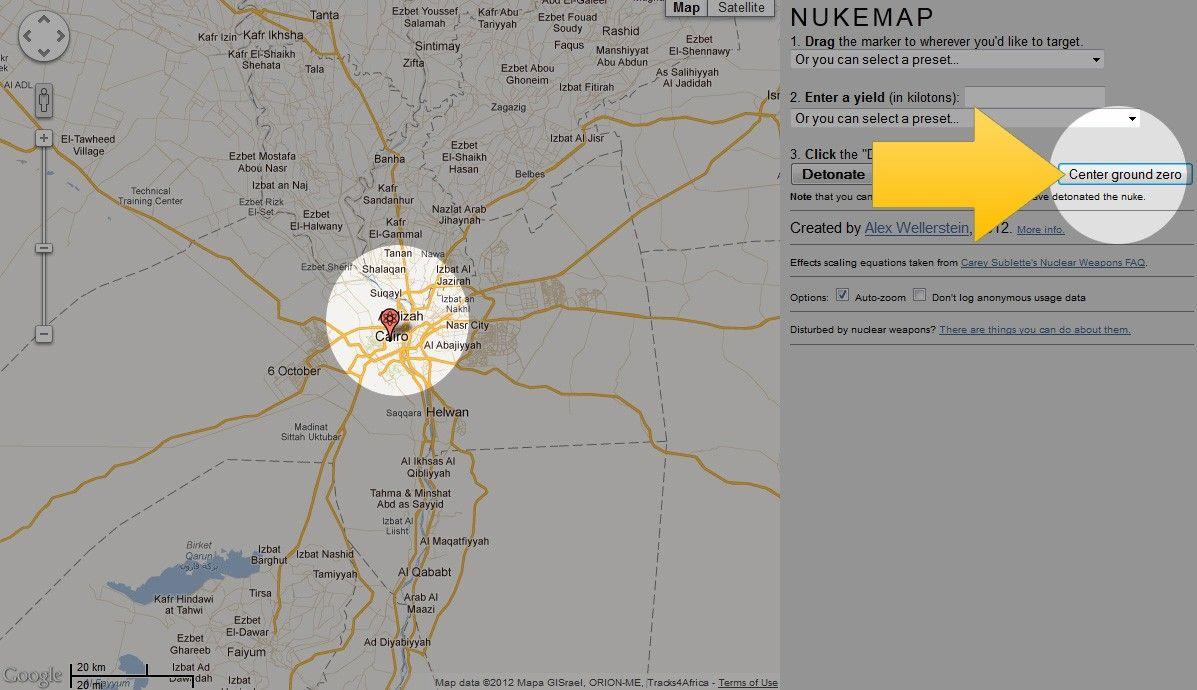 تحديد مركز الانفجار في Nukemap