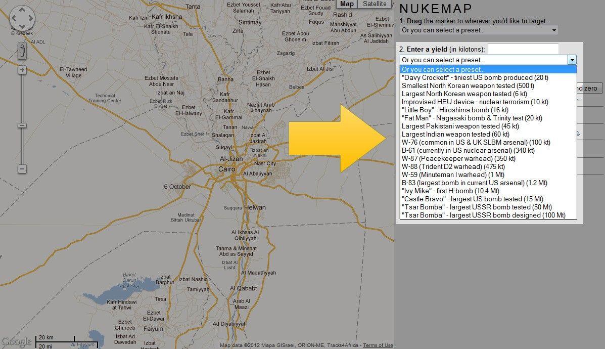 اختيار نوع القنبلة في موقع Nukemap