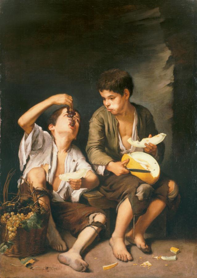 Murillo, Bartolomé Estéban (1618-1682) Trauben- Melonenesser. 1645/1646. Lwd., 146 x 104 cm. München, Alte Pinakothek.